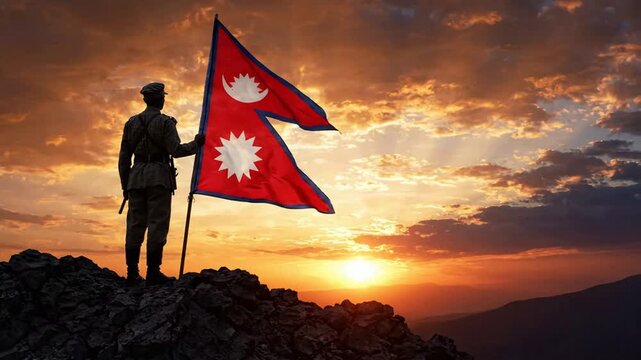 Soldier holding nepal flag on mountain peak at sunset, patriotic concept, national pride and victory, himalayan landscape background