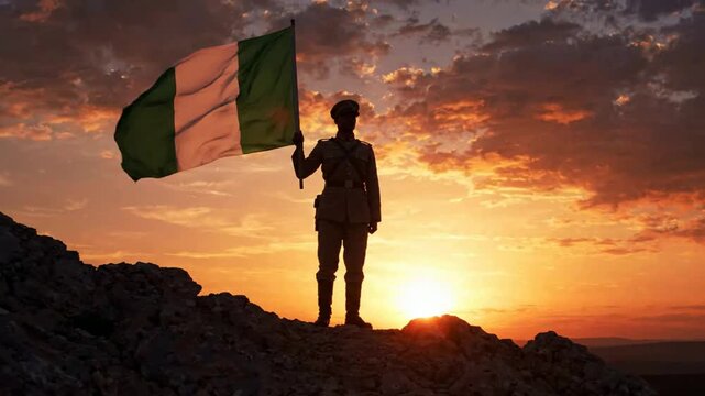 Nigerian soldier holding national flag at sunset on mountain peak, patriotic military concept, heroic silhouette against golden hour sky