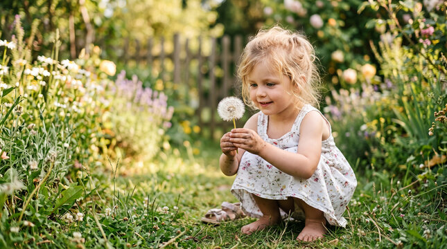 Little girl holding a fluffy dandelion flower while squatting in a beautiful sunny green garden