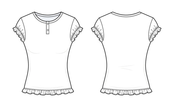 Women's Ruffled Henley Cap Sleeve Baby Tee Technical Fashion Flat Sketch CAD Vector Template. Front and Back View Blank T-Shirt Mockup Design.