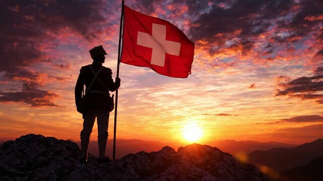 Swiss soldier holding national flag on mountain peak at sunset patriotic symbolism and alpine landscape concept