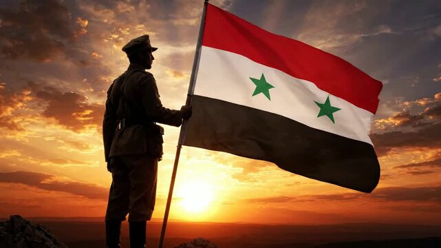 Syrian soldier holding national flag on mountain peak at sunset patriotic military concept and heroic symbolism