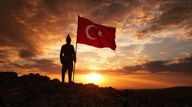 Turkish soldier holding national flag at sunset, silhouette of historical military uniform on mountain peak, patriotic symbolism and remembrance