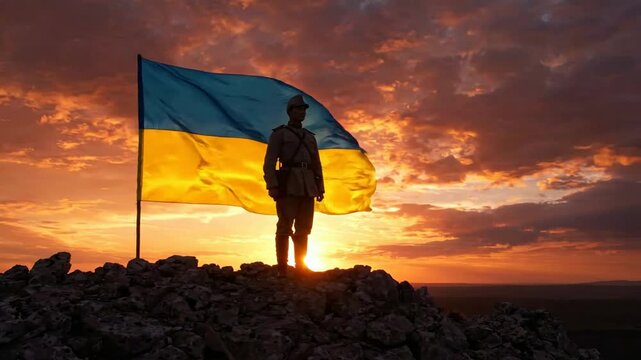 Ukrainian soldier standing proudly with national flag at sunset on mountain peak, symbol of patriotism, bravery, and national sovereignty