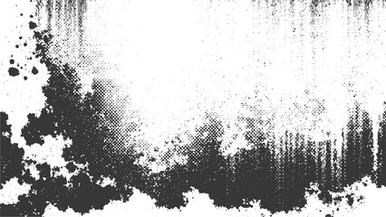 Fototapeta premium Monochrome Grunge Halftone Pattern with Ink Splashes, Distressed Print Texture, Vintage Graphic Surface, High Quality Vector Illustration.