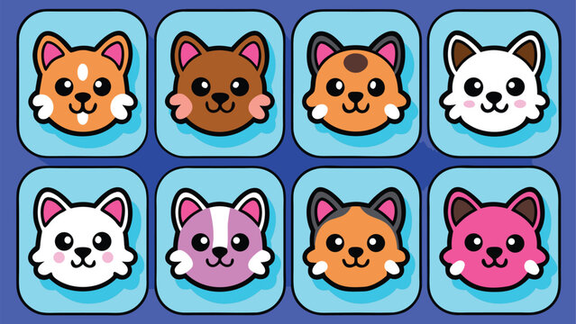 Cute cartoon dog faces in blue rounded square frames on purple background