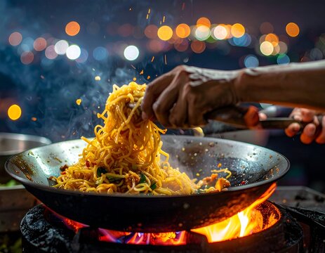 A chef stir frying Asian noodles in a heavy black iron wok with high heat flames and steam smoke