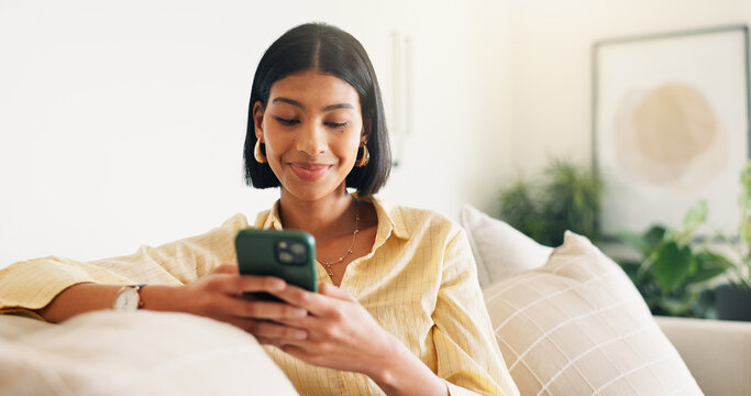 Text, connection and woman in house with phone, online chat or post update on social media app. Reading, space or happy person with tech, message notification or communication on digital platform.