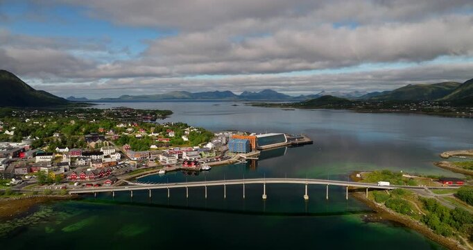 Picturesque Waterfront Facilities, Bridge Transport Crossings, Truck Deliveries, Town Infrastructure, Stokmarknes Norway, Aerial