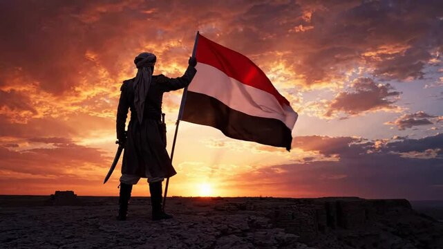 Warrior holding yemen flag at sunset, epic historical soldier silhouette standing on rocky cliff, national pride and patriotism concept