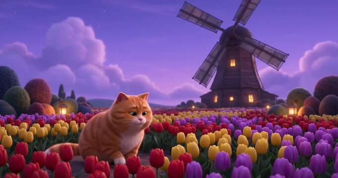 Orange cat in tulip flower garden field by windmill at purple sunset, dreamy spring countryside landscape scene, cozy glowing lantern and window light, colorful tranquil view for SEO uploads
