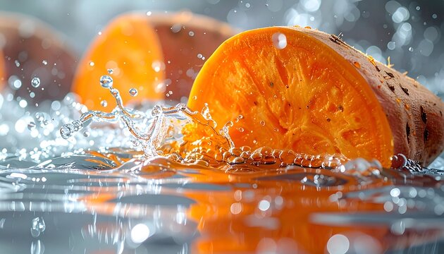 Fresh Sliced Cross Section Half of Juicy Orange Sunkist Fruit Exploding with Liquid Water Splash Drops