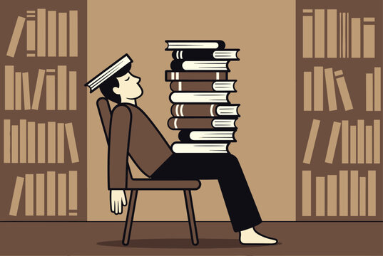 Exhausted student falls asleep in a library chair with a book on his head and a tall stack of books on his lap.