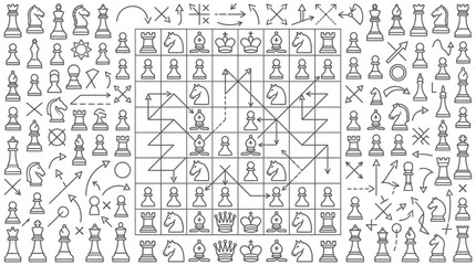 Chess strategy and tactics illustrated with diagrams and pieces, showing moves and planning. © Nuria