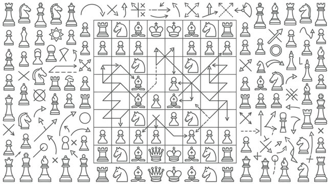 Chess strategy and tactics illustrated with diagrams and pieces, showing moves and planning.