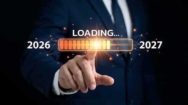 Businessman pointing at loading bar from 2026 to 2027 signifying transition and anticipation for new year business goals achievement progress.