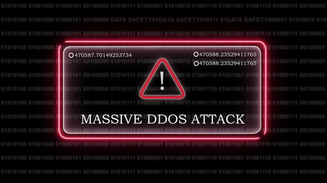 Urgent cyber security alert displaying a massive ddos attack warning with red neon glowing interface, digital binary code background, data breach notification, network vulnerability, and system