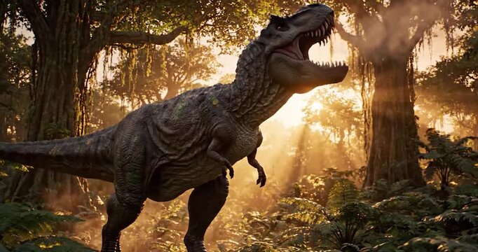 Dinosaur Tyrannosaurus predator in prehistoric jungle forest, roaring reptile in misty sunlight, walking at sunrise with golden sunbeams through fern, dust, dramatic nature wildlife scene
