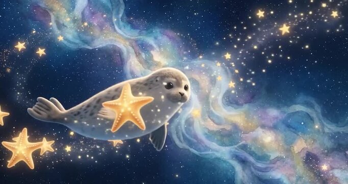 Cute seal space with star galaxy nebula fantasy illustration, marine animal swimming night sky through colorful nebula clouds with glowing star and starfish, dreamy whimsical children story scene