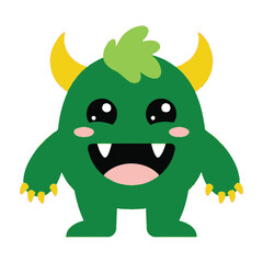 Fototapeta premium Green monster cartoon character with yellow horns and sharp teeth smiling friendly