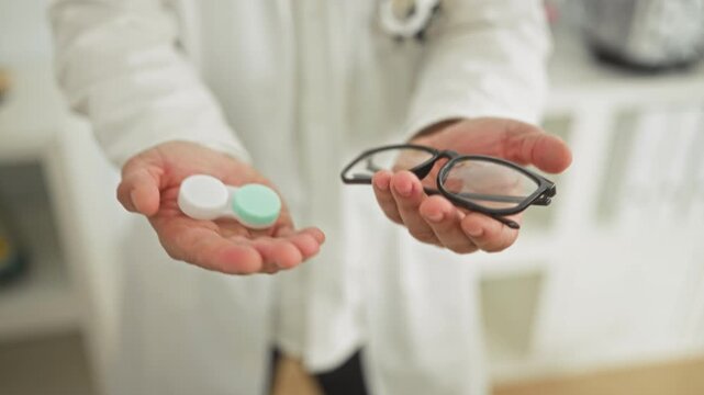 Man offering black eyeglasses and a white and mint contact lens case with both hands in an optical clinic building, wearing a white coat and stethoscope; trust.