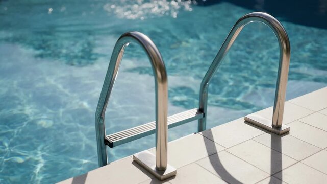 Glistening pool ladder reflects sunlight, inviting refreshing swim in clear water on warm summer day