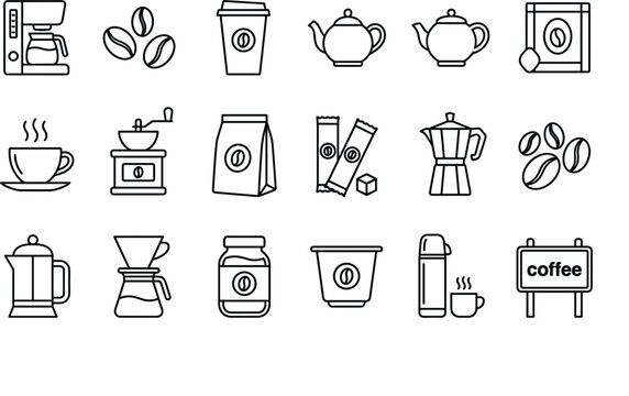 Coffee equipment and cafe culture line icon set featuring coffee maker beans grinder pots packaging pour over and moka pot vector