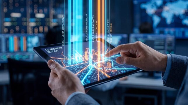 Professional hands using tablet to manage 5g network slice allocation in a high-speed data center