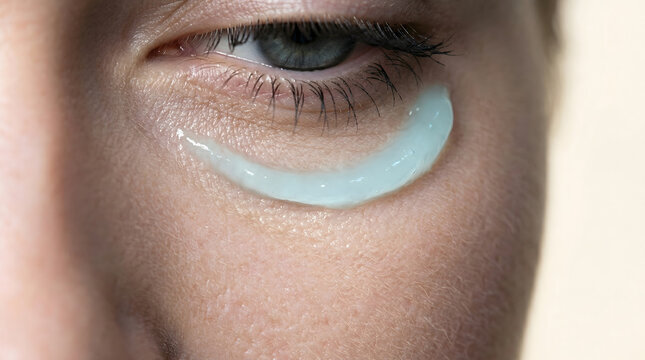 Close-up of a human eye with a crescent of light blue cosmetic cream applied to the under-eye area, highlighting skincare and beauty treatments for rejuvenation and hydration