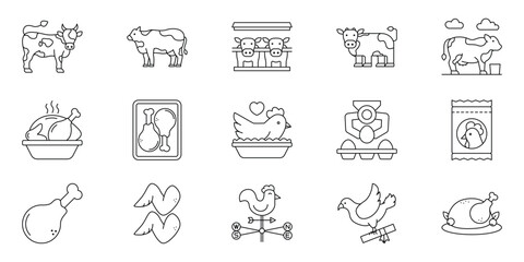 Rooster and chicken line icon set in outline style on black and white backgrounds © Tifany