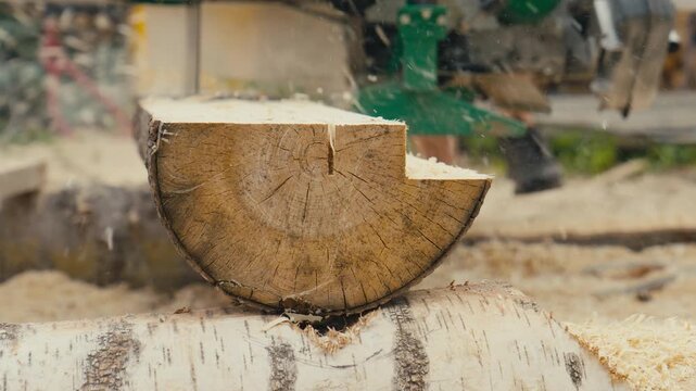 A slow motion close up captures a log cross section during outdoor milling, with sawdust flying through the frame as a portable sawmill works in the background, highlighting raw texture.