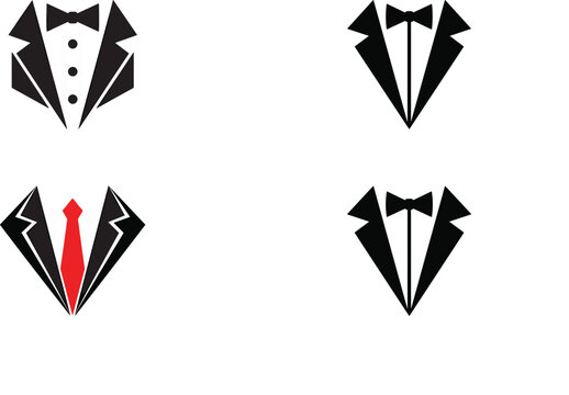 Elegant tuxedo and suit silhouette icon set featuring black bow ties gentleman collars and a sharp red necktie vector