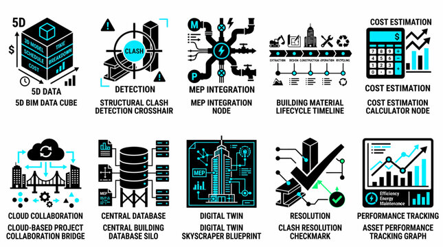 set of ten vector icons illustrating various aspects of the Building Information Modeling (BIM) ecosystem, including data management, collaboration, and performance tracking.