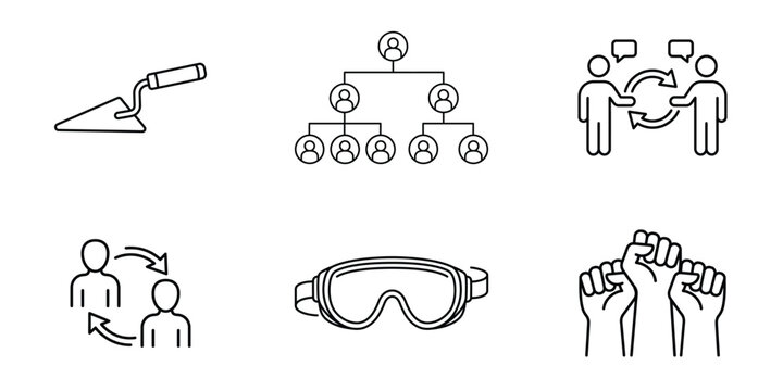 Diverse vector illustration set depicting mason tools organizational charts communication cycles human interaction exchange safety eyewear and collective power fist protest.
