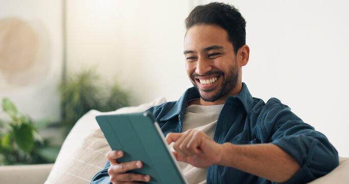Streaming, digital or man on couch with tablet, video subscription or post update on online site. Happy, relax or person in house with tech, internet search or show binge on entertainment platform.