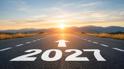Naklejka premium Road with 2027 written on surface leading towards sunset landscape concept of future planning success business growth new beginning goals vision and movement forward to destination.