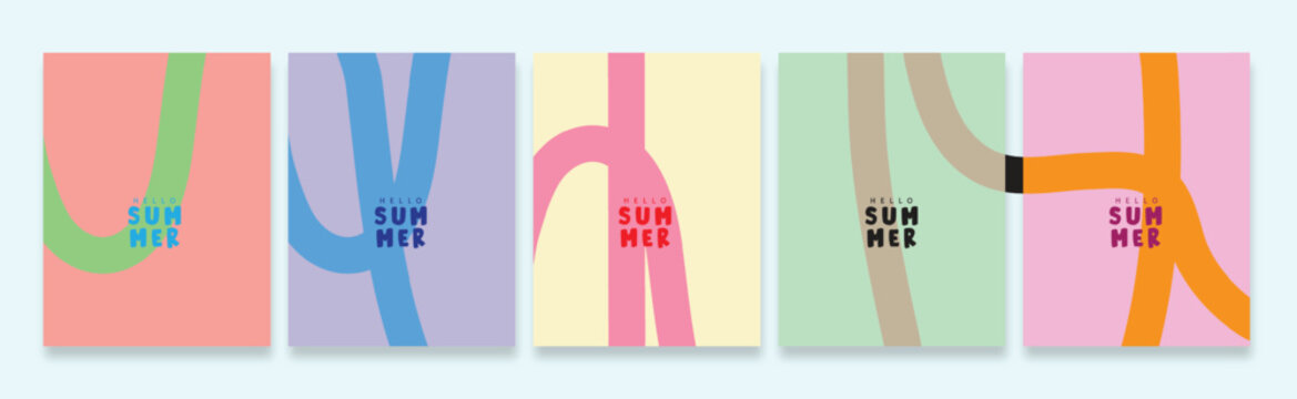 Creative concept of summer bright and juicy cards set. Abstract summer background with colorful groovy wavy lines. Modern abstract art design with wavy shapes and lines. Templates for celebration, ads