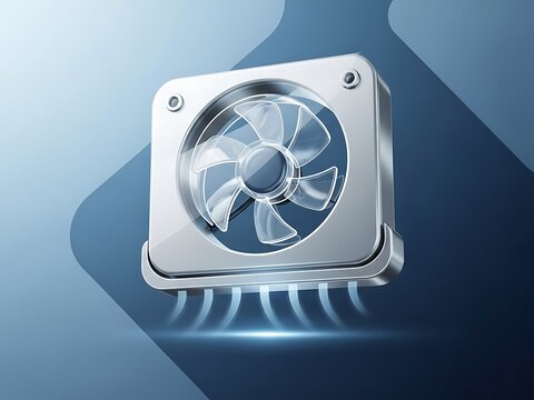 Metallic computer processor cooling fan with blue light effects on a modern abstract background
