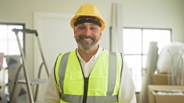 Man in hardhat and reflective vest smiling inside a building renovation site near ladder and boxes; pride craftsmanship.