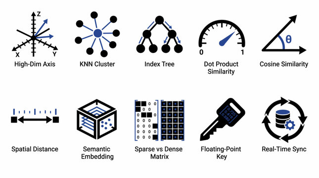 set of vector graphics depicting various database and data science concepts, including high-dimensional axis, KNN cluster, index tree, dot product similarity, cosine similarity, spatial distance