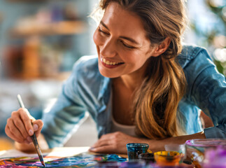 Fototapeta premium Creative mother painting together with her young child at home, using colorful paints, paintbrushes, and paper while enjoying a fun and educational hobby project.