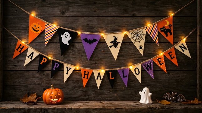 Happy halloween banner with festive bunting flags and string lights on rustic wooden background