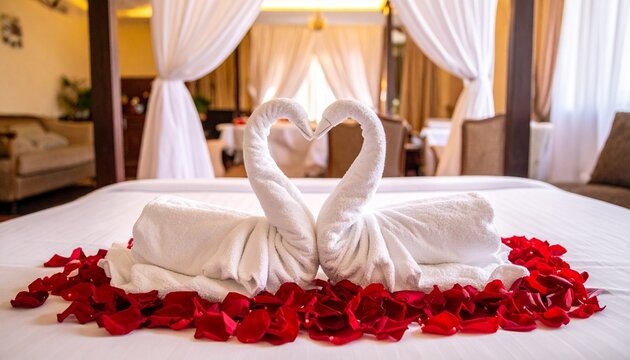 Towel swans with rose petals on bed.