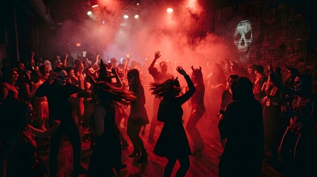 People in costumes dancing at a halloween party in a dark club with red smoke