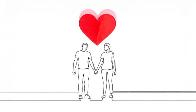 Minimalist couple holding hands with heart.