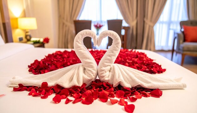 Towel swans with rose petals on bed.