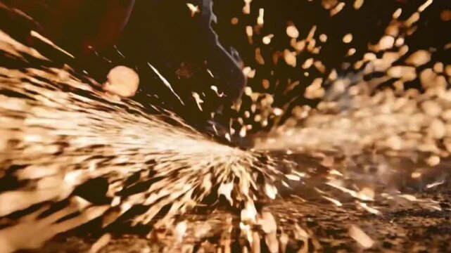Industrial angle grinder with sparks in slow motion, close-up worker grinding metal, construction site at night with bright golden light.