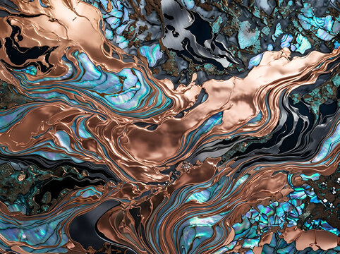 Abstract background, featuring swirling metallic, copper liquid patterns, intermixed with iridescent, blue and green, crushed abalone shell textures