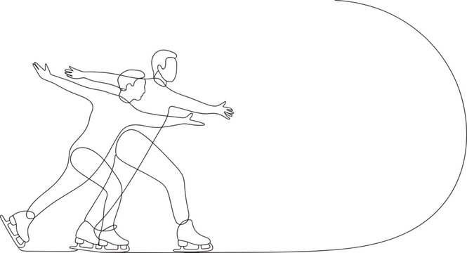 Two ice skaters performing synchronized moves on rink in minimalistic continuous line art illustration.