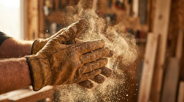 Close up of woodworking professional hands in work gloves clapping, creating cloud of sawdust particles.